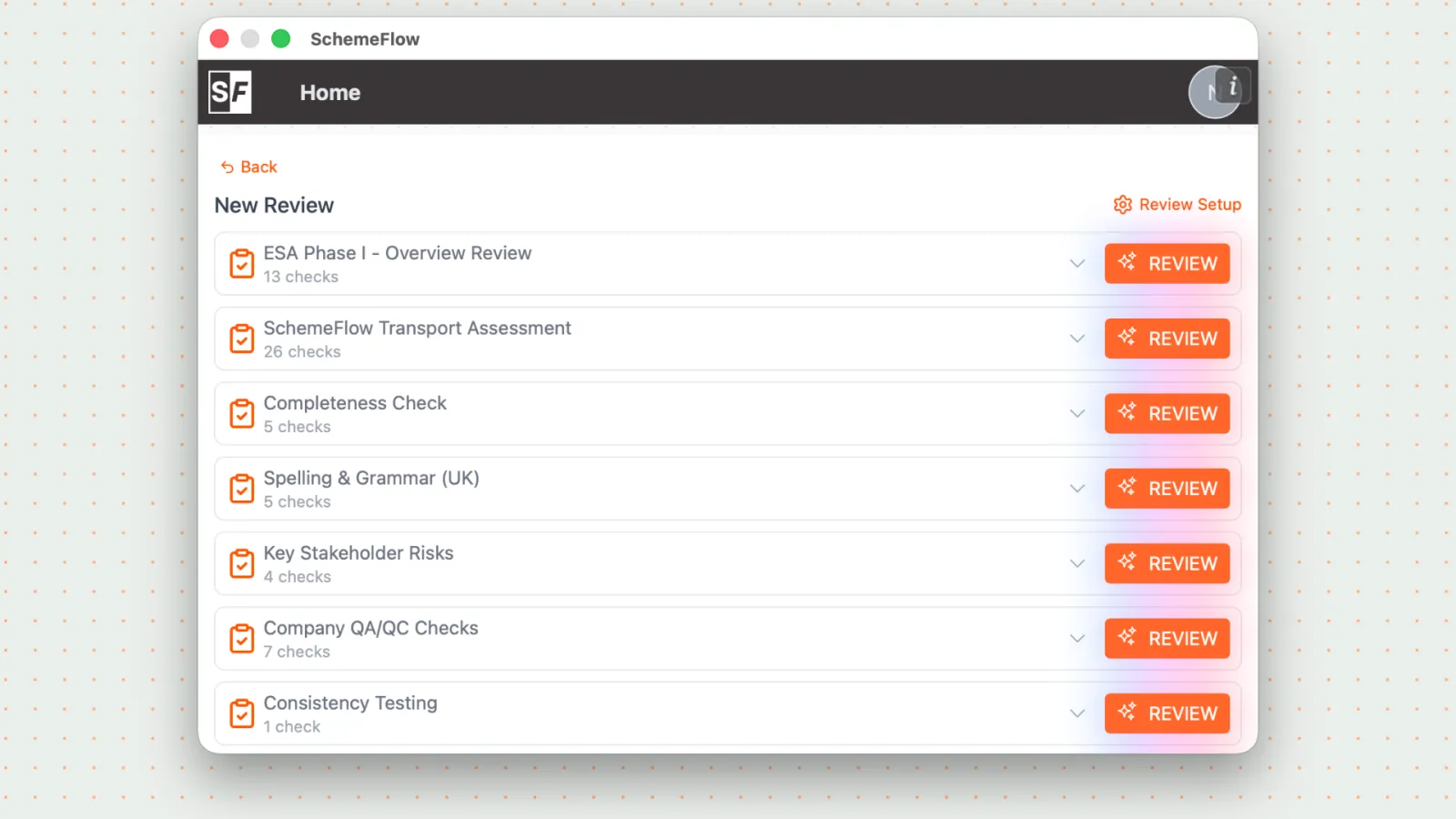 Cog icon to open Review Setup