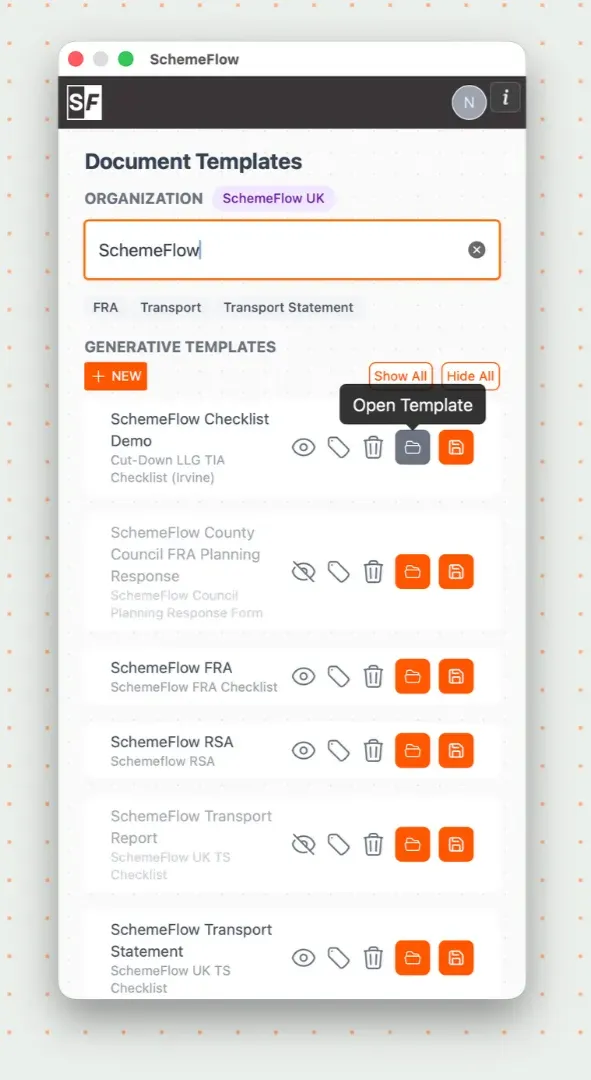 Opening a template from the Templates page