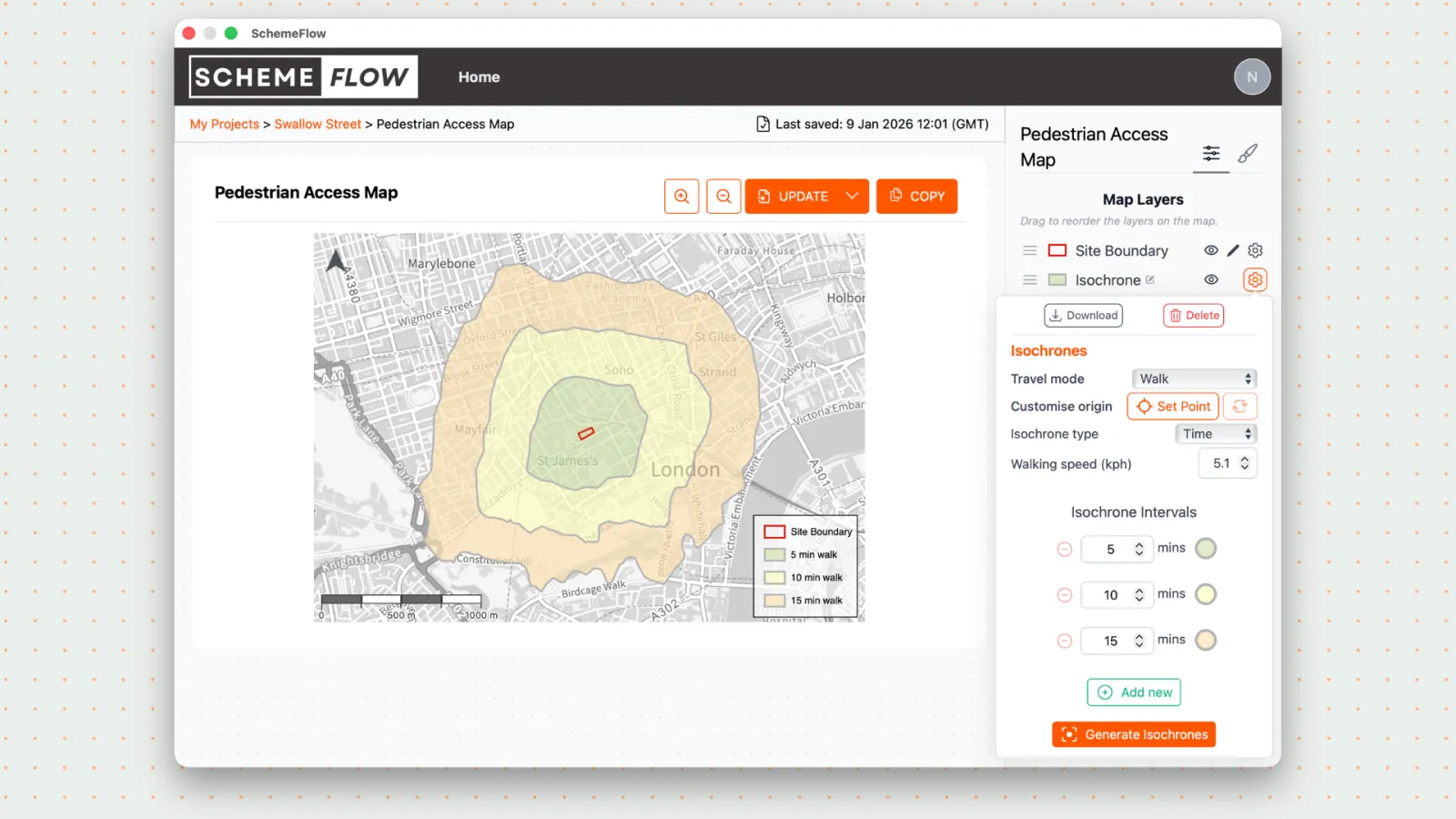 Opening the isochrone settings