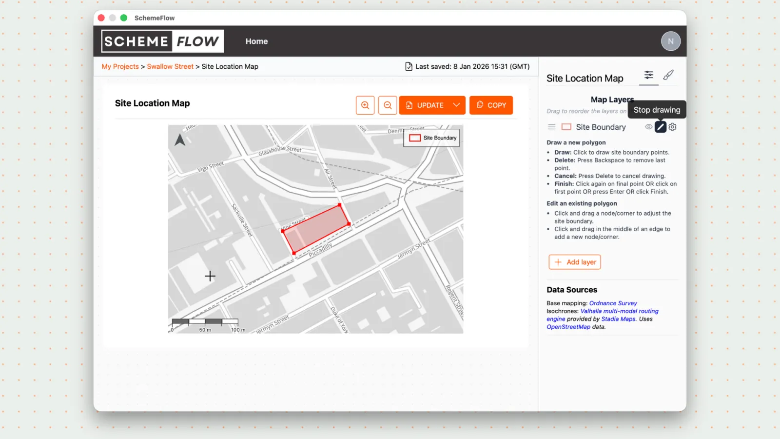 Drawing the site boundary on the map