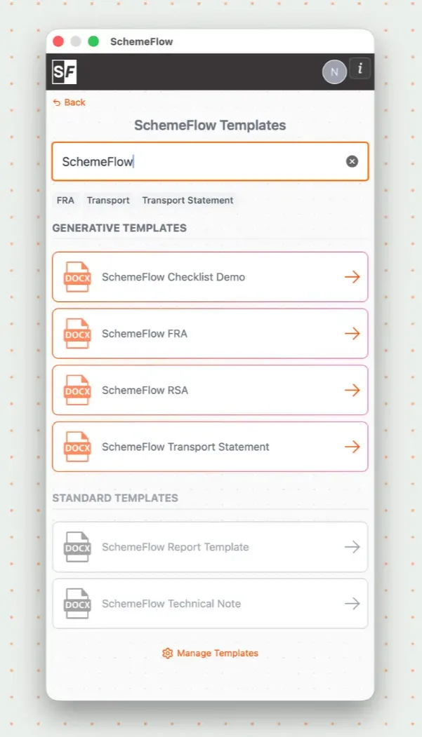 Location of the Manage Templates button